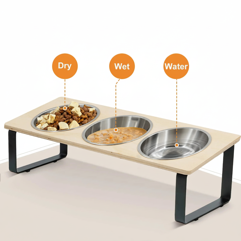 Elevated pet feeding station with three bowls - Dry, Wet, Water