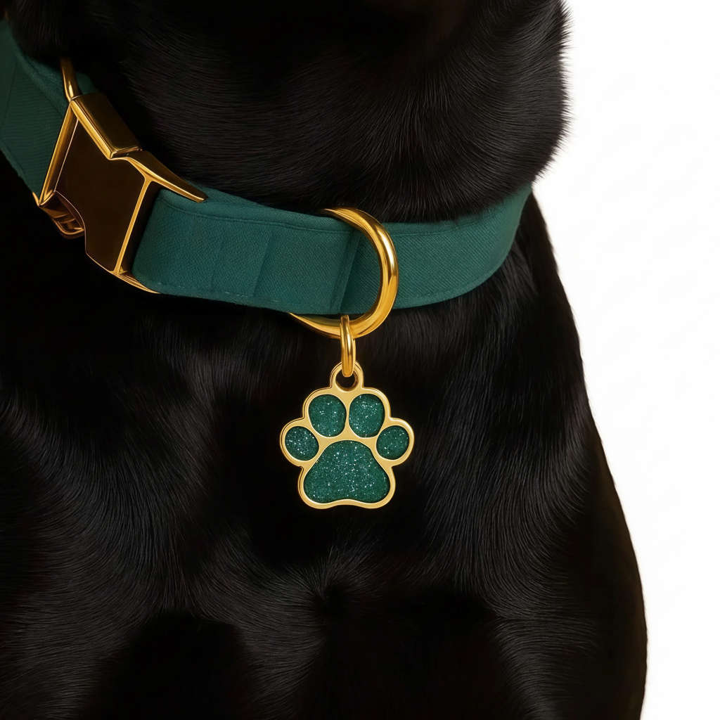 Schwarzer Hund mit grünem Halsband weißer Hintergrund
